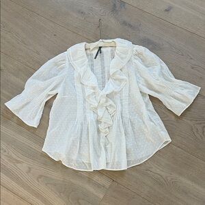 Ruffled Swiss Dot V-Neck Blouse by Anthropologie, Size XS